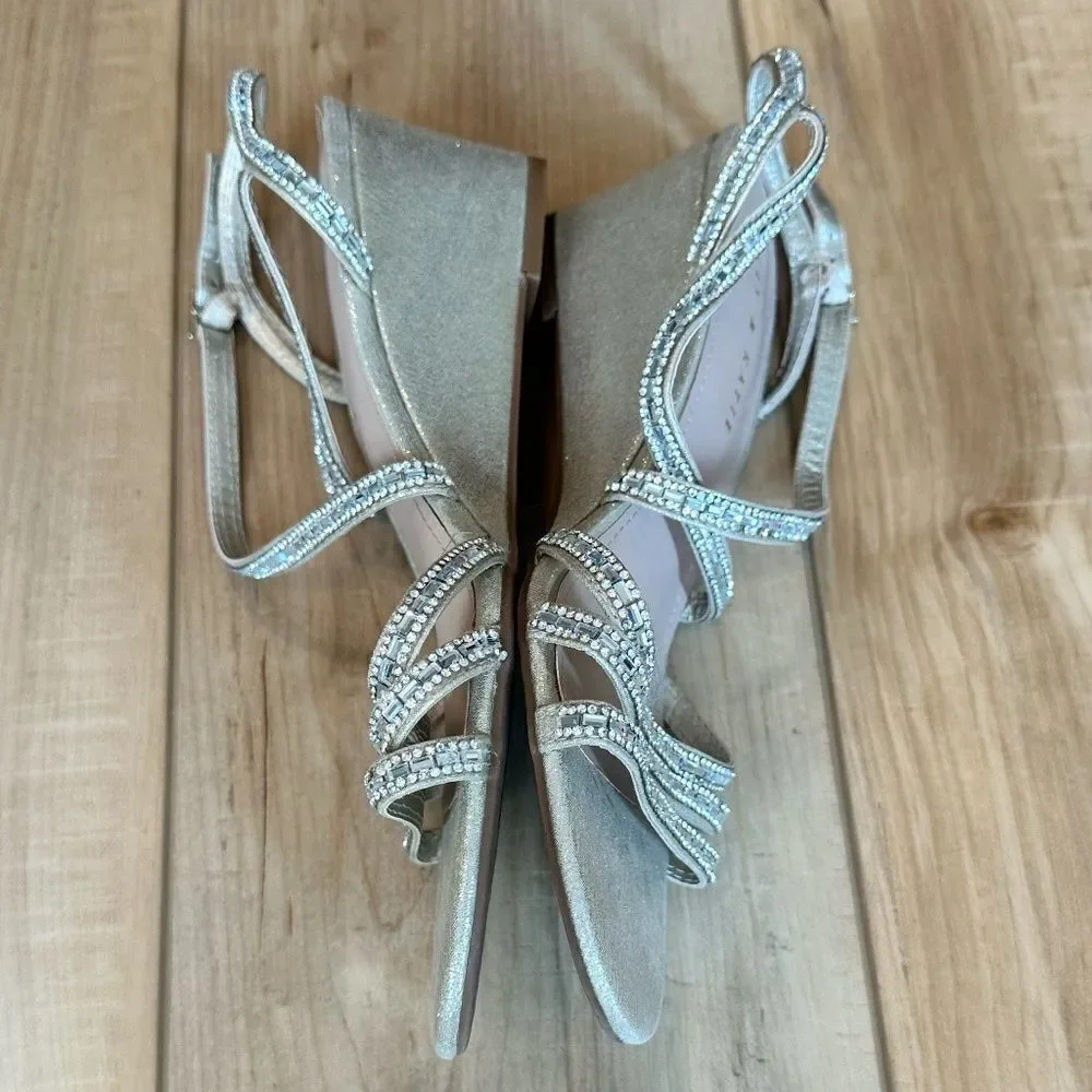 Kelly & Katie Tahada Rhinestone Gold Wedge Heel Open Toe Strap Sandal Shoe 8 1/2